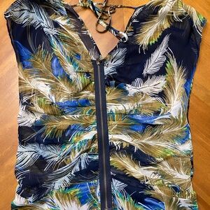 Guess Navy Blue, White Feather Multi print blouse with front zipper close